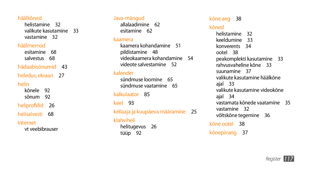 Samsung GT-S5750HKESEB, GT-S5750PWESEB Valikute kasutamine 33 vastamine , Võltskõne tegemine 36 kõne ootel 38 kõnepiirang  